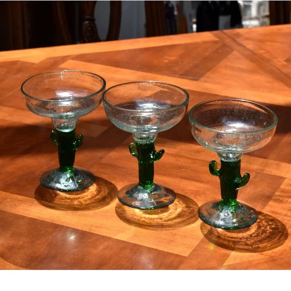 Set of 3 Mexican Hand Blown Cactus Stem Margarita Glasses Blown Heavy Barware